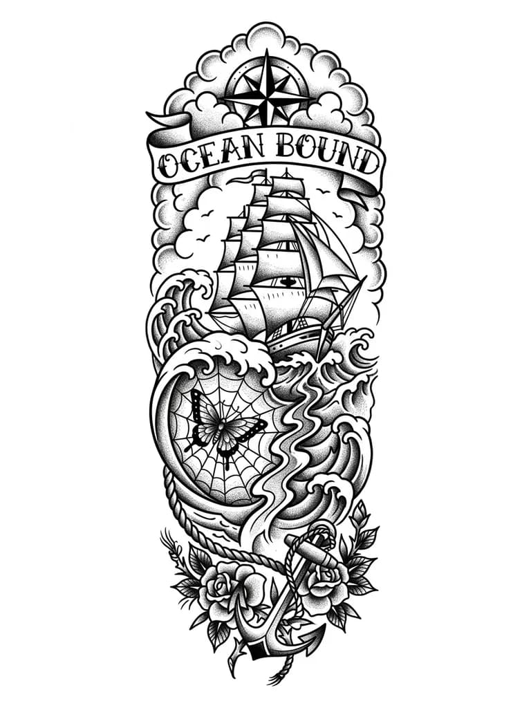 Тату эскиз:  волнистая линия через одну волну паутина в которой бабочка