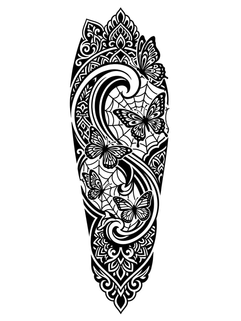 Тату эскиз:  волнистая линия через одну волну паутина в которой бабочки