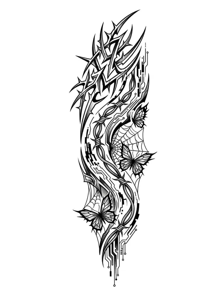 Тату эскиз:  волнистая линия в которой паутина в которой бабочки