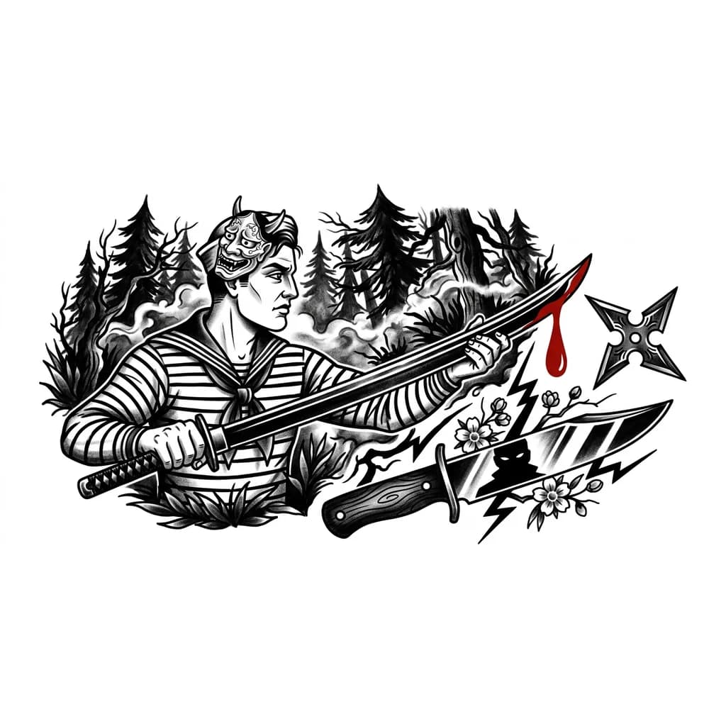 Тату эскиз: Флеш-сет парень с катаной, из которой стекает алая капля крови. На виске – загадочная маска. За спиной – окутанный туманом темный лес 
А так же рядом расположен Сюрикэн 
Нож с отражением убийцы с китайским цветков и молния по всюду 

