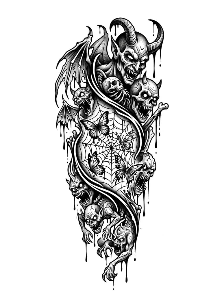 Тату эскиз:  волнистая линия в которой паутина в которой бабочки без лишних деталей только то что здесь написано 