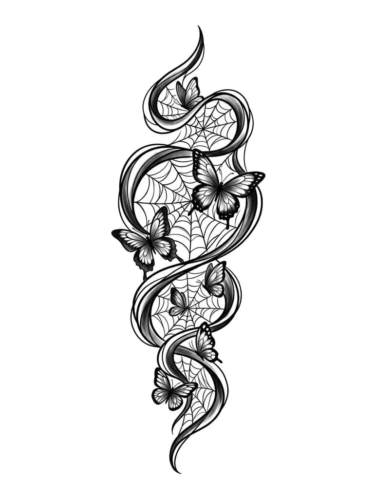 Тату эскиз:  волнистая линия в которой паутина в которой бабочки без лишних деталей только то что здесь написано 