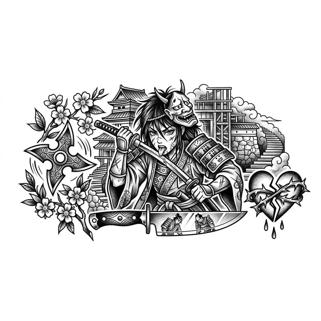 Тату эскиз: 
Татуировка в стиле аниме, изображающая воина, облизывающего катану после боя, с маской на виске.
Ключевые элементы:
Сюрикен.
Нож с отражением поверженных врагов.
Цветущая китайская вишня.
Символ разбитого сердца.
Фоном служит бесконечная крепость из аниме "Клинок, рассекающий демонов".
