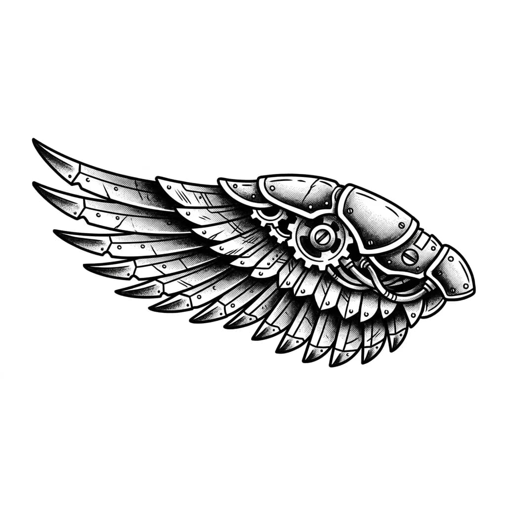 Тату эскиз: Татуировка на плече механическое крыло с железными перьями 