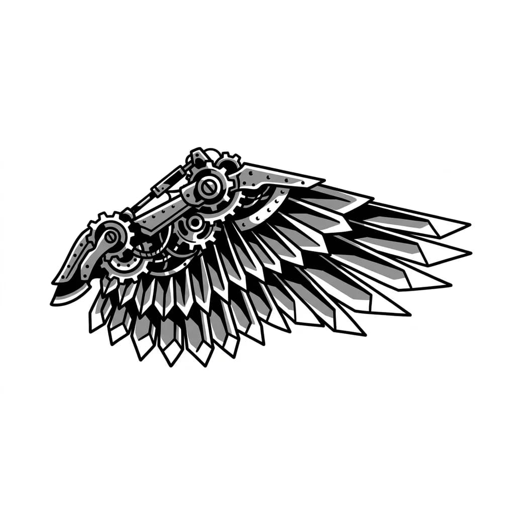 Тату эскиз: Татуировка на плече механическое крыло с железными и острыми перьями 
