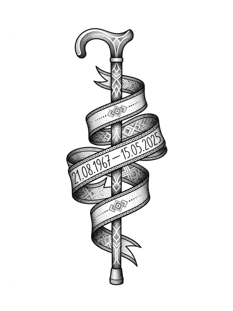 Тату эскиз: Трость, стоящая вертикально, вокруг которой обвита лента с датами рождения и смерти : 21.08.1967 — 15.05.2025.