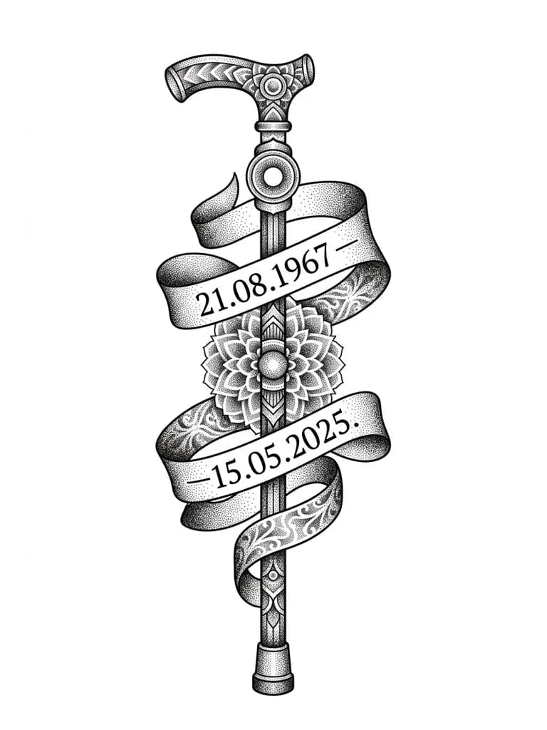 Тату эскиз: Трость, стоящая вертикально, вокруг которой обвита лента с датами рождения и смерти : 21.08.1967 — 15.05.2025.