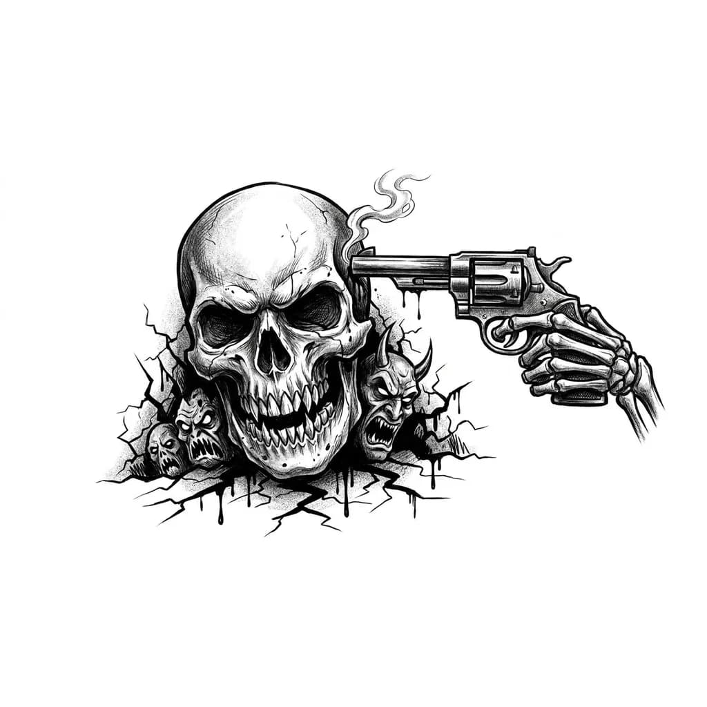Тату эскиз: Нарисуй эскиз черепа с острыми зубами и злобной улыбкой которой держит пистолет в правой руке и простреливает себе висок