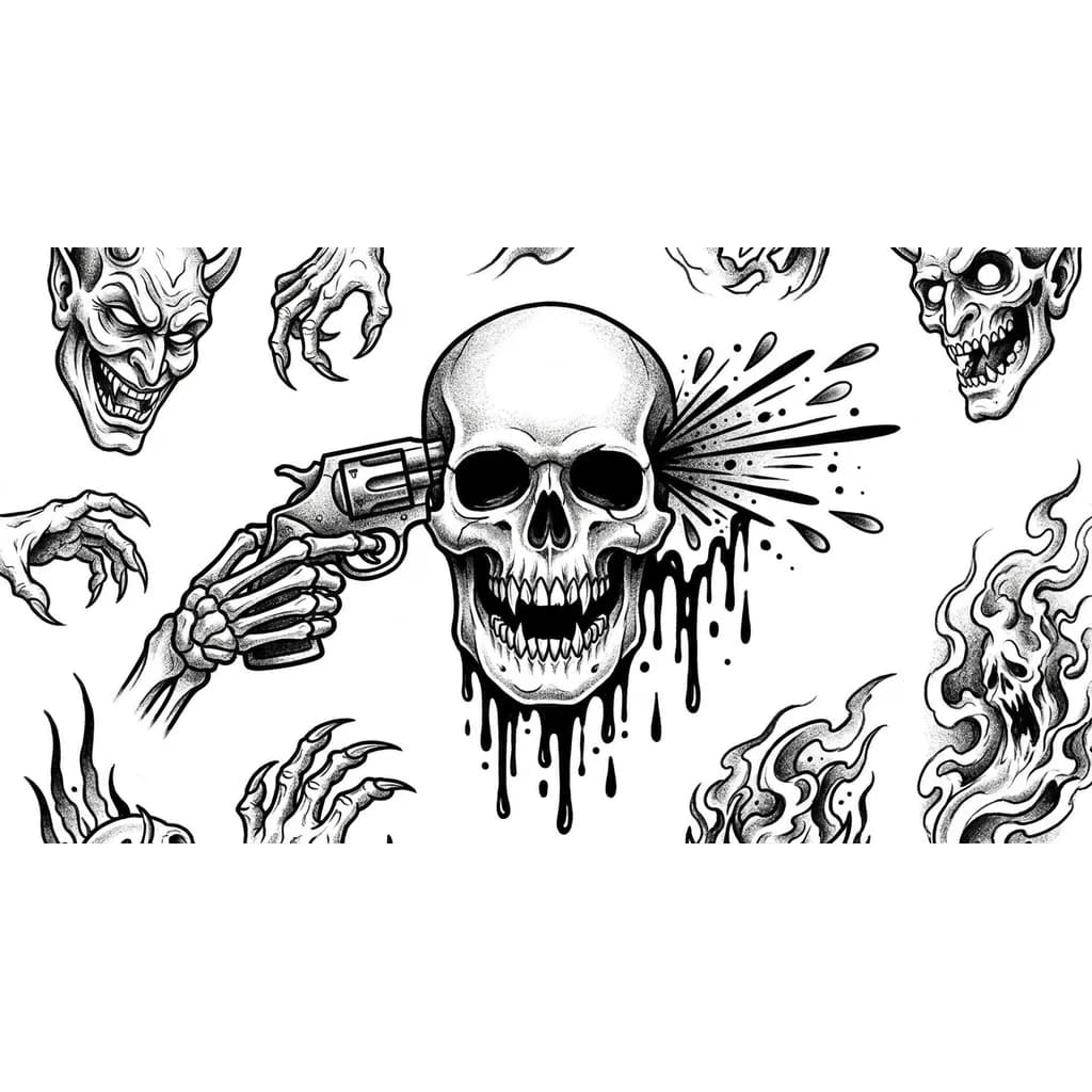 Тату эскиз: Нарисуй эскиз черепа с острыми зубами и злобной улыбкой которой держит пистолет в правой руке и простреливает себе висок