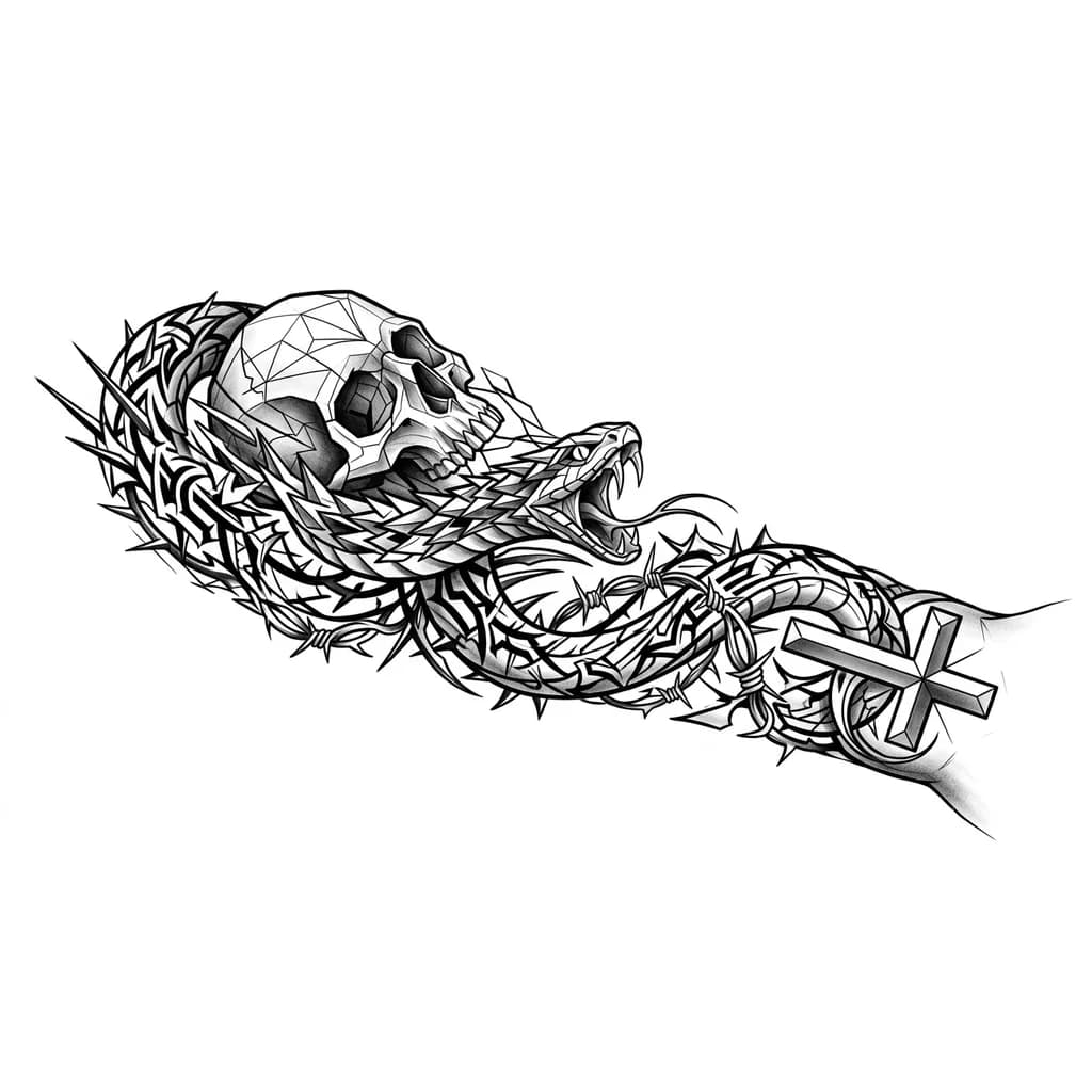 Тату эскиз: Череп сверху, рядом голова змеи с открытой пастью, тело змеи спускается вниз к запястью и в конце обвивает матовый христианский крест