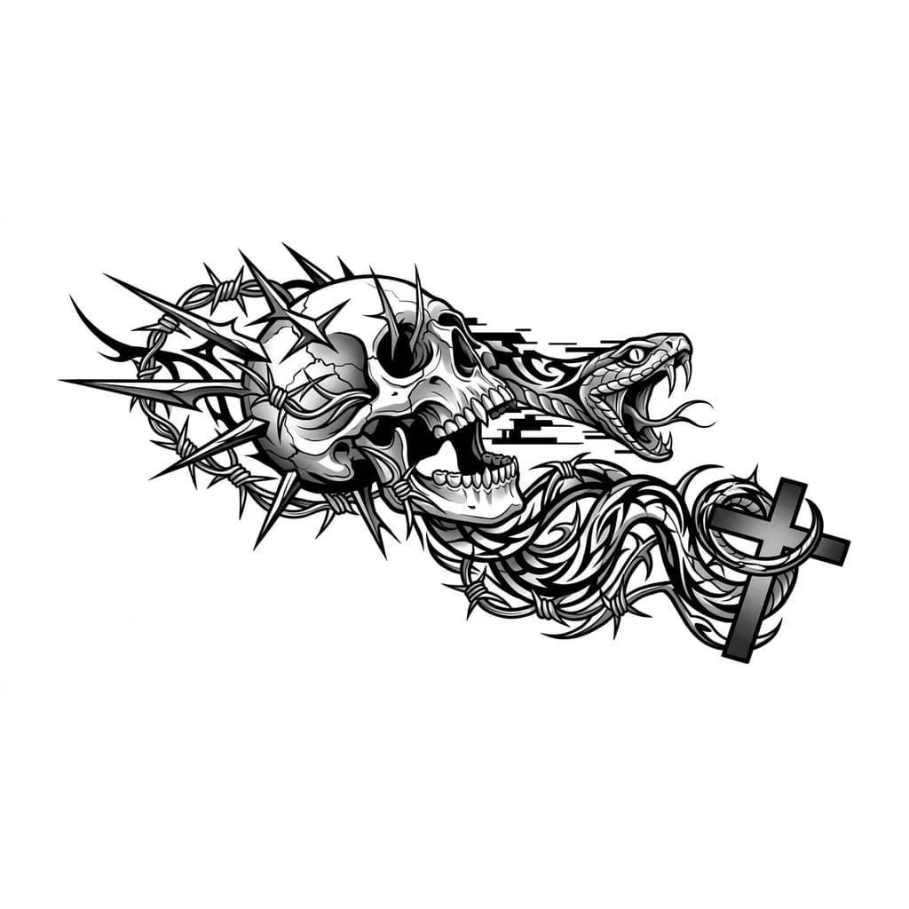 Тату эскиз: Череп сверху, рядом голова змеи с открытой пастью, тело змеи спускается вниз к запястью и в конце обвивает матовый христианский крест