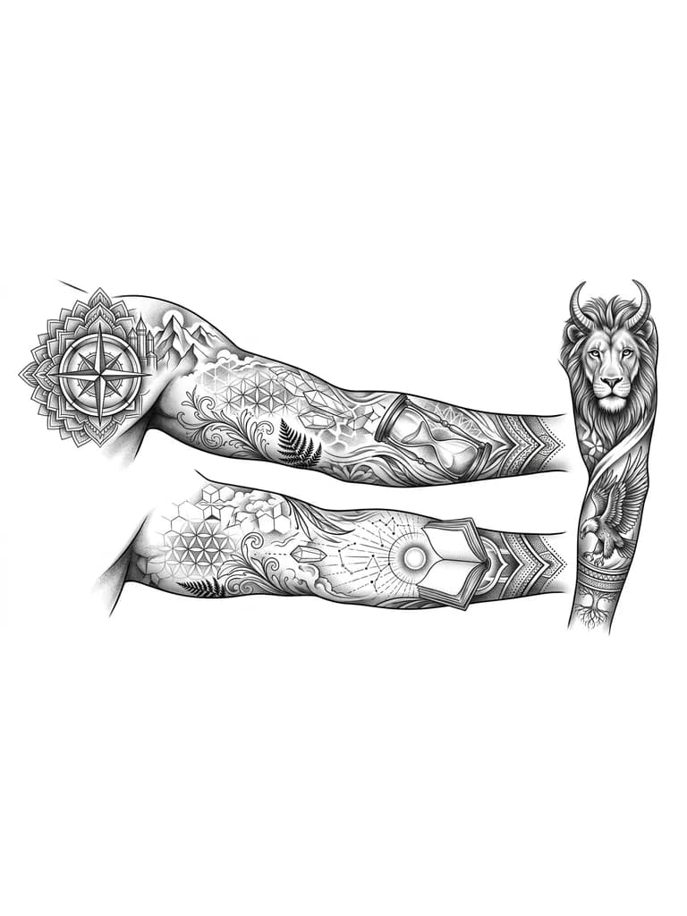 Тату эскиз: Уже есть внешняя часть рукава, узоры, лев с рогами на плече, орел на предплечье. Нужна внутренняя часть. Легкая и воздушная тату, для мужчины, больше светлых теней, можно добавить узор, геометрию