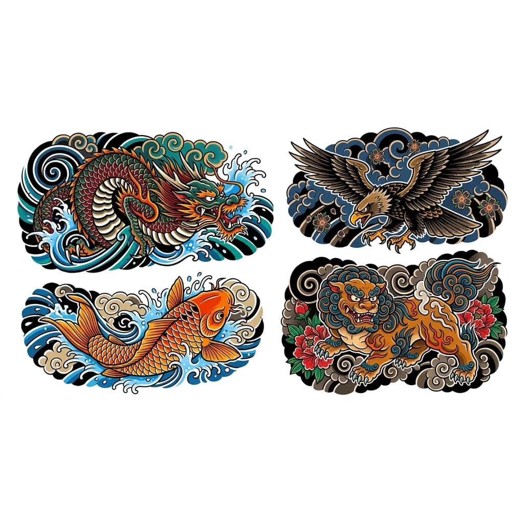 Тату эскиз: Дракон орёл лев  и карп на ноги 

