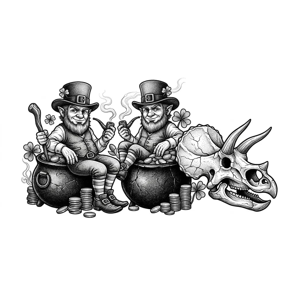 Тату эскиз: Татуировка на предплечье с изображением лепрекона с горшком золота и черепом динозавра 
