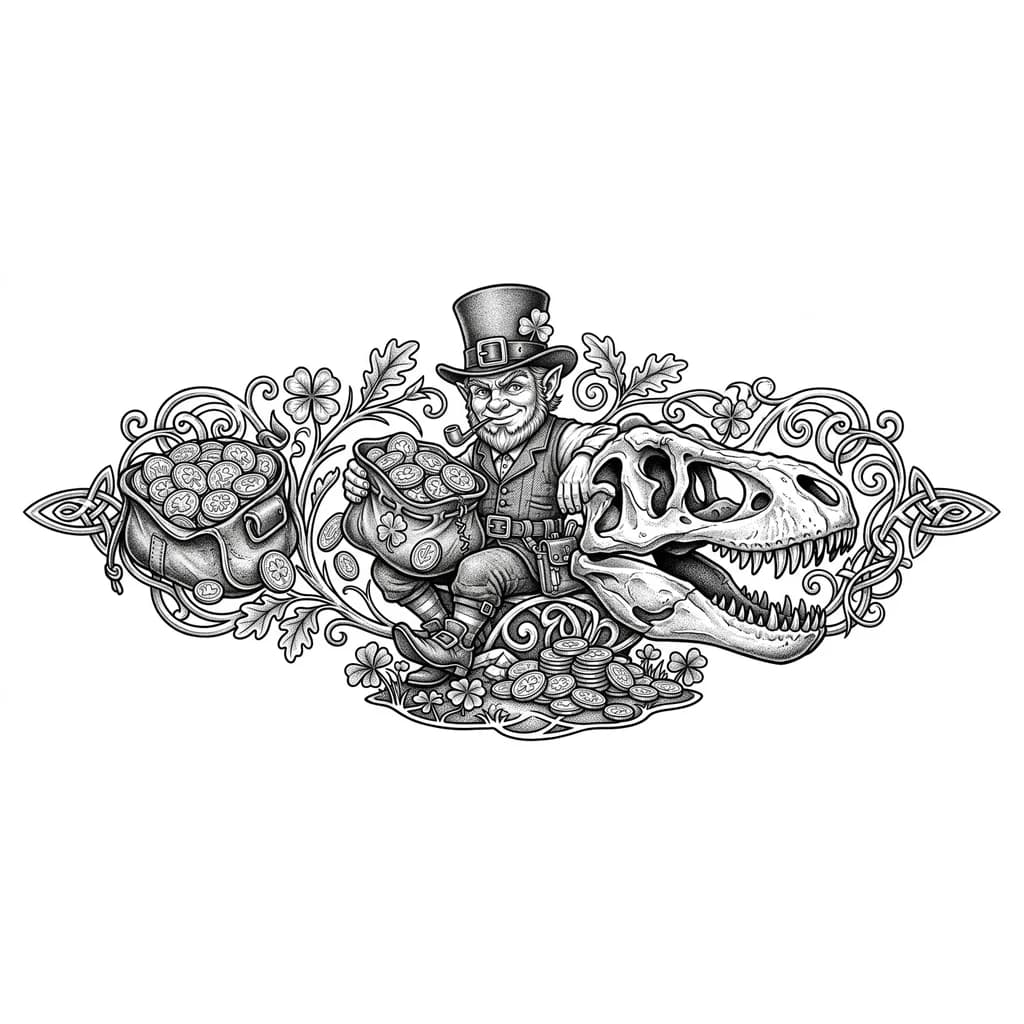 Тату эскиз: Татуировка на с изображением лепрекона с золотом и черепом динозавра 
