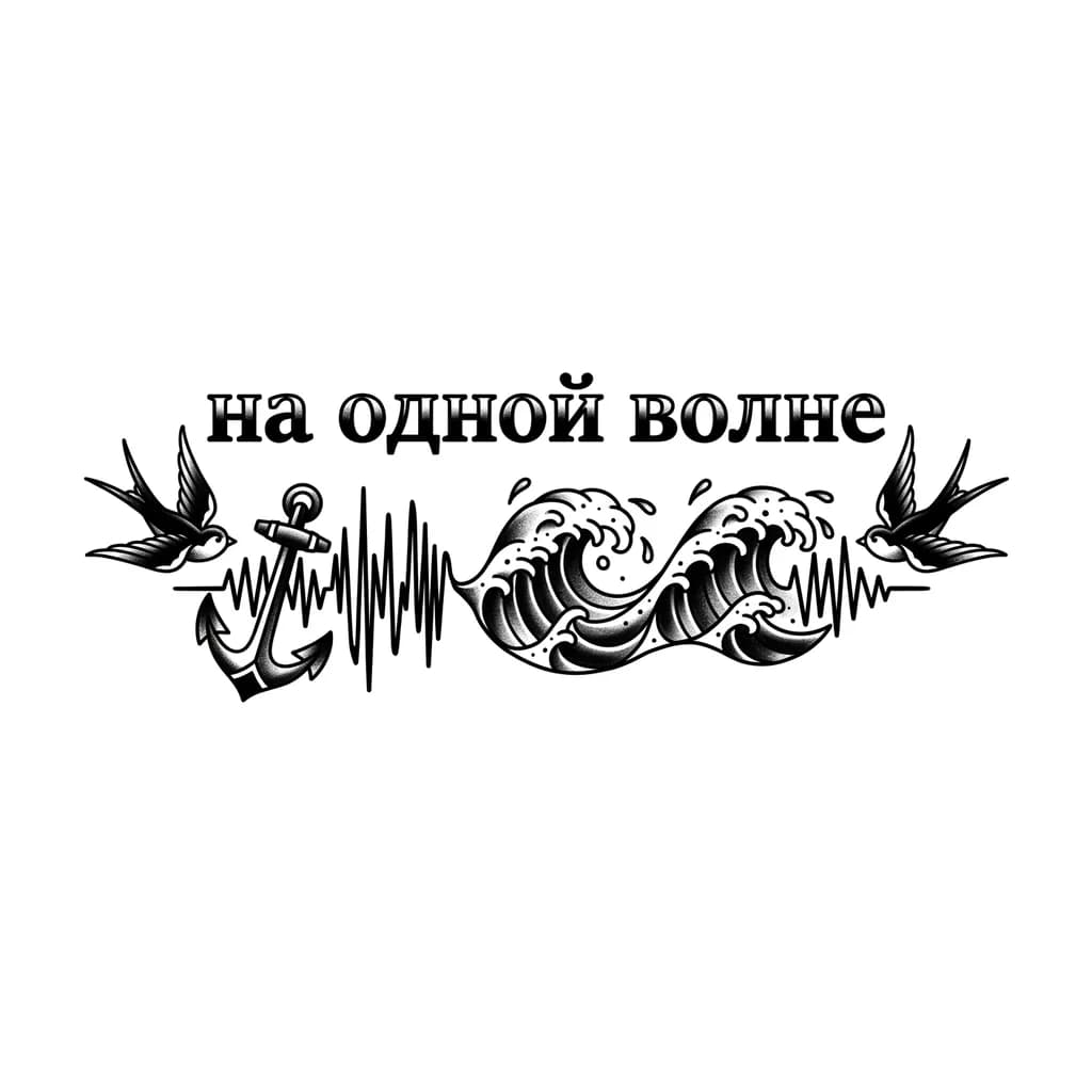Тату эскиз: Создай тату для пары, минималистичное, которое будет располагаться на внутренней стороне руки чуть выше сгиба логтя. Сначала идет фраза «на одной волне» под ней эта же фраза в виде графического изображения как в моменте аудиозапись 