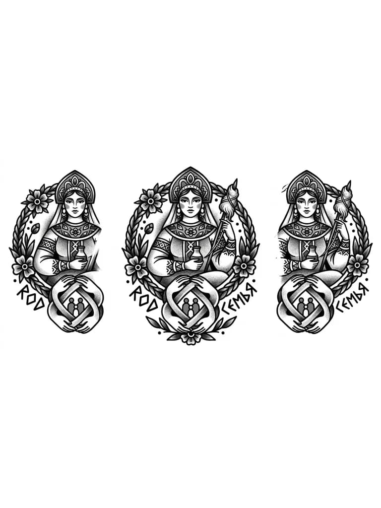 Тату эскиз:  Старославянская богиня макошь, с символом и рунами обозначающими семью