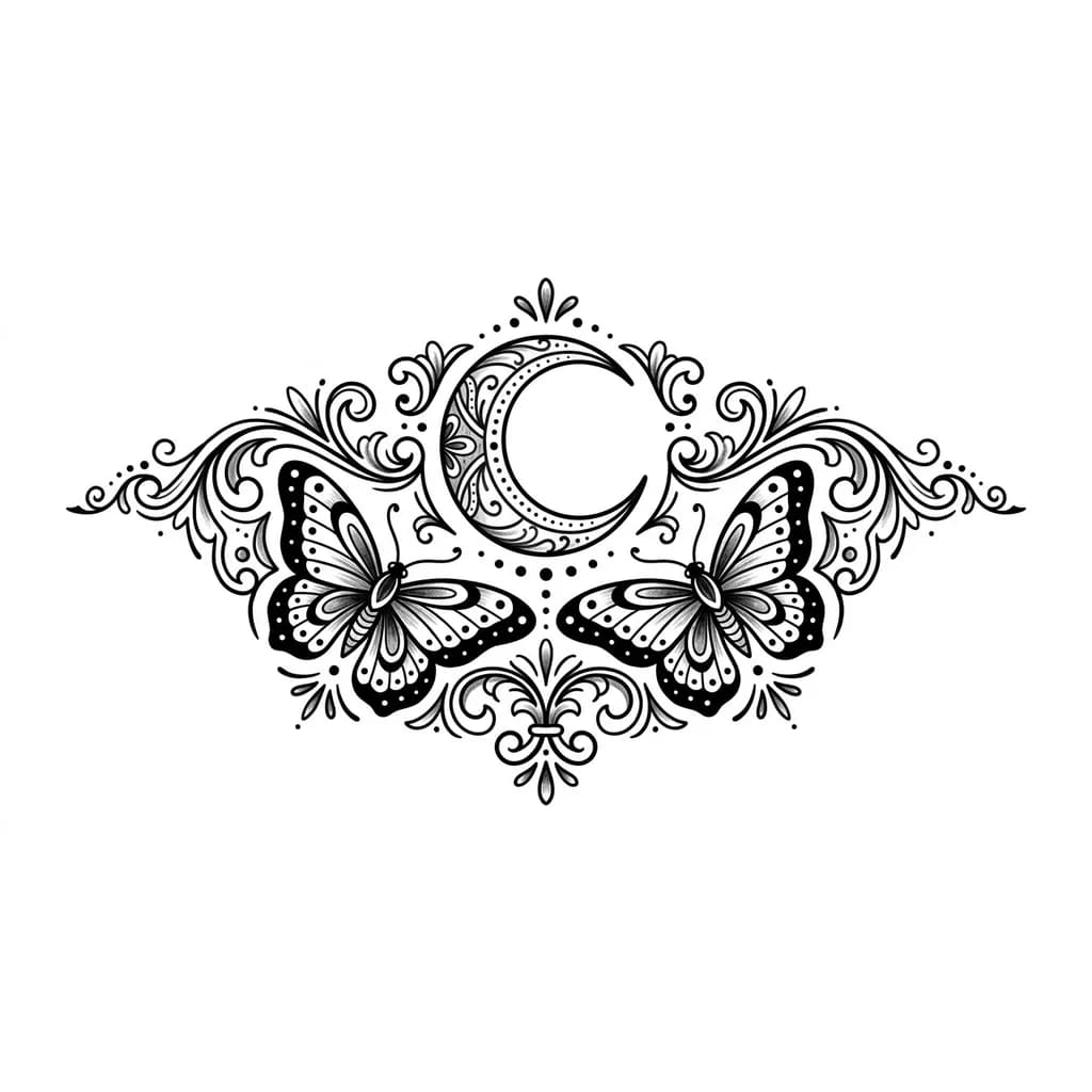 Тату эскиз: поздай индивидуальный эскиз тату , добавь полумесяц , бабочек и узоры 
пришли в виде изображения