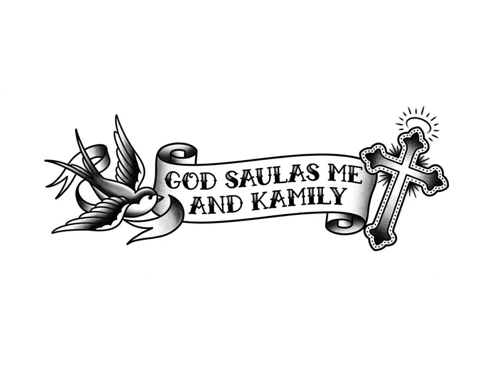 Тату эскиз: С лева надписи была птица с права надписи был крест