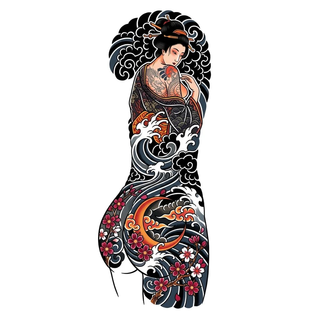 Тату эскиз: Сакура с луной с заходом на ягодицу, ниже японская девушка
