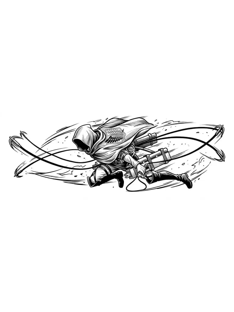 Тату эскиз: Черно-белый эскиз тату в стиле гравюра и манга. Солдат Разведкорпуса летит на УПМ (вертикальное маневренное устройство) в динамичном прыжке. На груди или на спине плаща четко прорисована эмблема Разведкорпуса — два перекрещенных крыла (похожи на ручные пилы/вилки) и щит с короной. Лицо полностью скрыто глубоким капюшоном, видна только темная тень вместо лица. Из УПМ вылетают тросы с крюками. Много тонких штрихов, эффект движения, белый фон, трафаретный стиль.