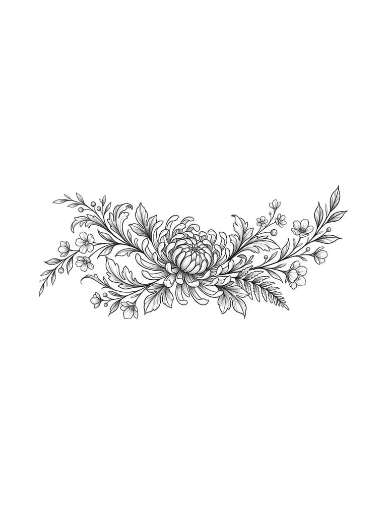 Тату эскиз: Японская императорская хризантема, от нее расходятся листья, ветки, мелкие маленькие полевые цветочки