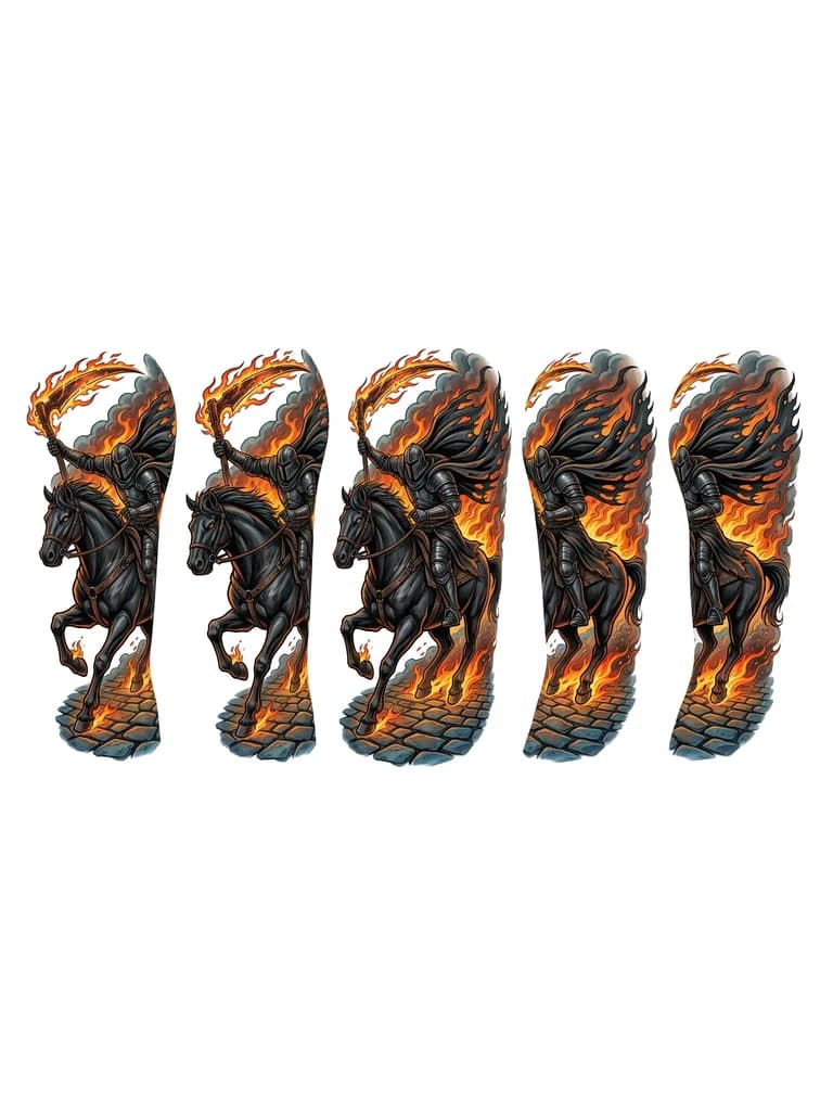 Тату эскиз: Черный всадник скачет на черной лошади по брусчатке, мантия развивается и рвется, позади всадника остается огонь и под копытами лошади, в левой руке он держит вожжи, а в правой руке у него огненная коса.