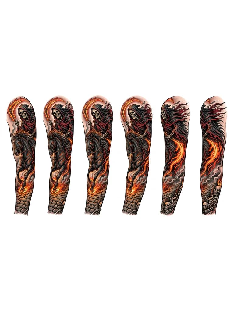 Тату эскиз: Смерть скачет на черной лошади по брусчатке, мантия развивается и рвется, позади всадника остается огонь и под копытами лошади, в левой руке он держит вожжи, а в правой руке у него огненная коса.