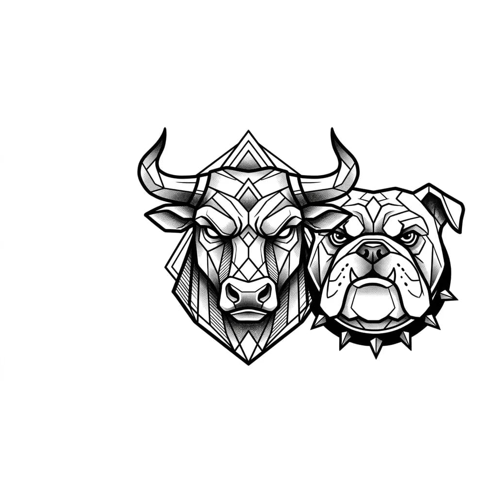 Тату эскиз: 
Геометрический Бык-Собака: Лицо или силуэт быка (символ Тельца), выполненный в строгом геометрическом стиле, где элементы шерсти или теней переходят в очертания собаки. Это подчеркивает надежность и твердый характер.