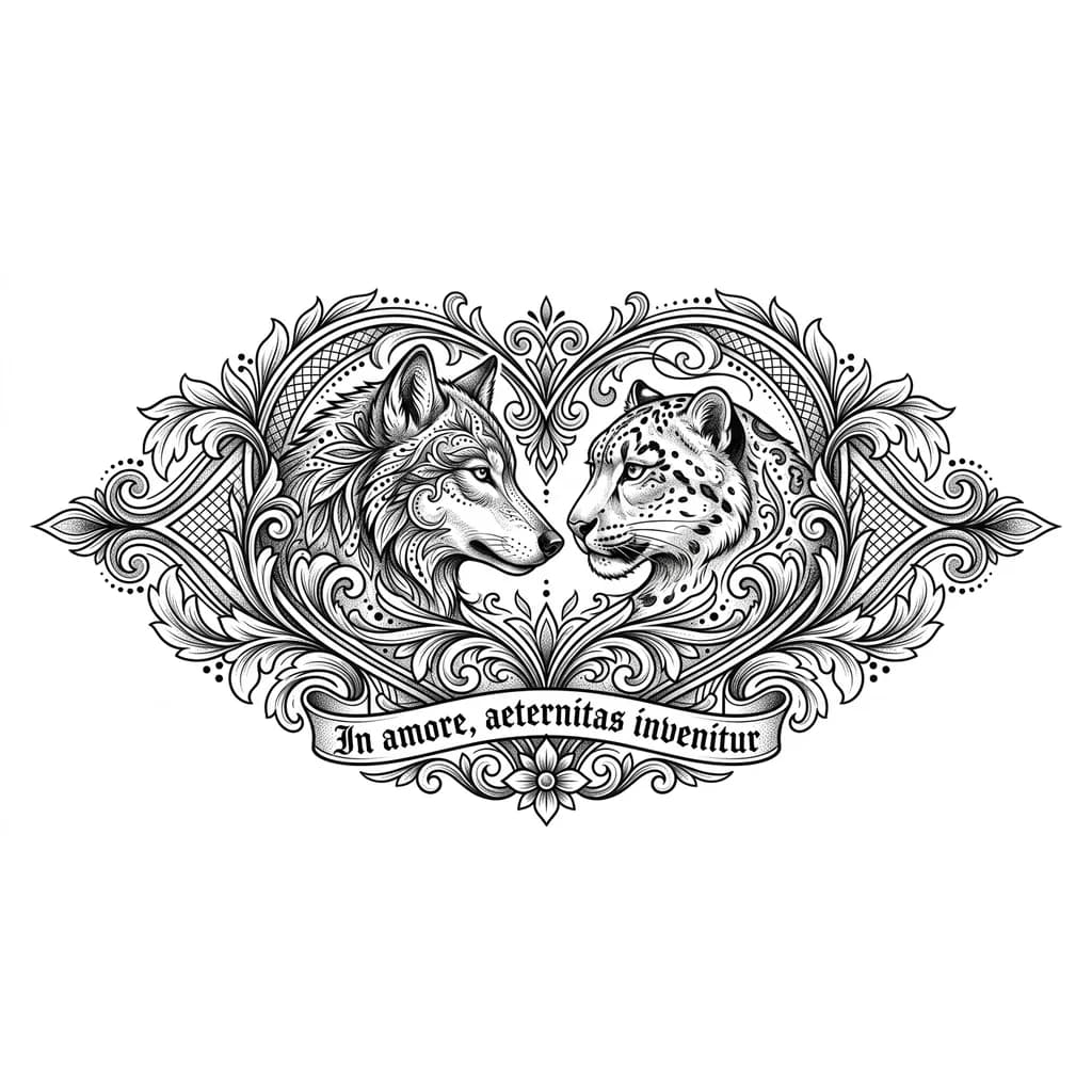 Тату эскиз: волчица смотрит на снежного барса, с любовью