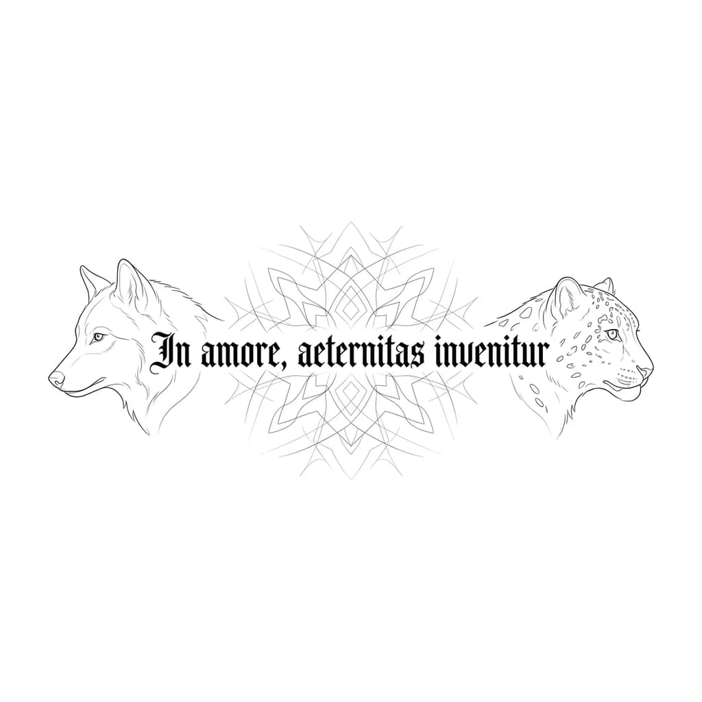 Тату эскиз: шрифт готический. орнамент минимализма и геометрии фоном по центру, добавь очертание волчицы и снежного барса


