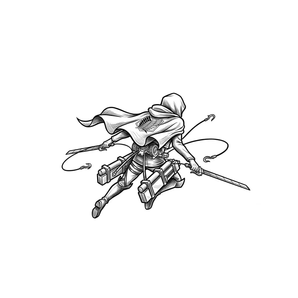 Тату эскиз: Черно-белый эскиз тату в стиле скетч/гравюра. Вид со спины. Солдат Разведкорпуса в развевающемся плаще с капюшоном (лица не видно) летит на УПМ. На верхней части спины/плеч — маленькая эмблема Разведкорпуса (Крылья-вилки). На поясе с двух сторон закреплены два вертикальных меча (или один меч за спиной рукоятью вверх). Из УПМ вылетают тросы с крюками. Динамичная поза, полёт. Тонкие штрихи, белый фон, высокая контрастность, трафаретный стиль