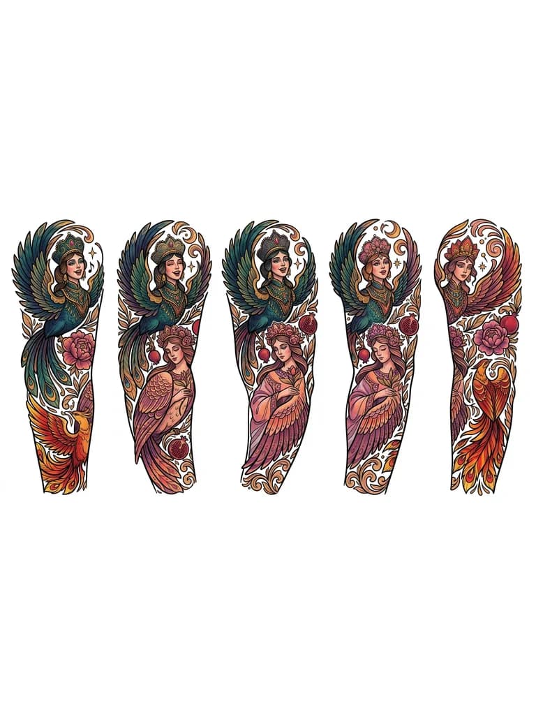 Тату эскиз: Создай рукав для девушки сюжет Сирин Алконост и другие девы птицы