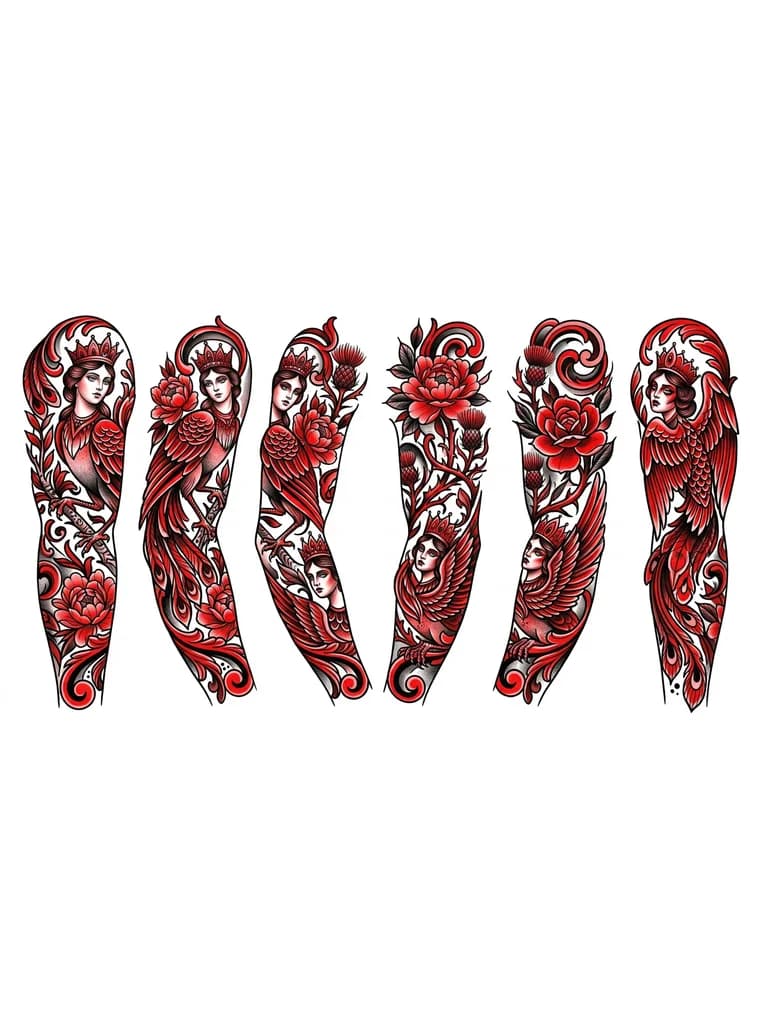 Тату эскиз: Создай рукав для девушки сюжет Сирин Алконост и другие девы птицы в черно-красной гамме