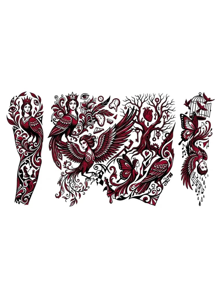 Тату эскиз: Создай рукав для девушки сюжет Сирин Алконост и другие девы птицы в черно-красной гамме