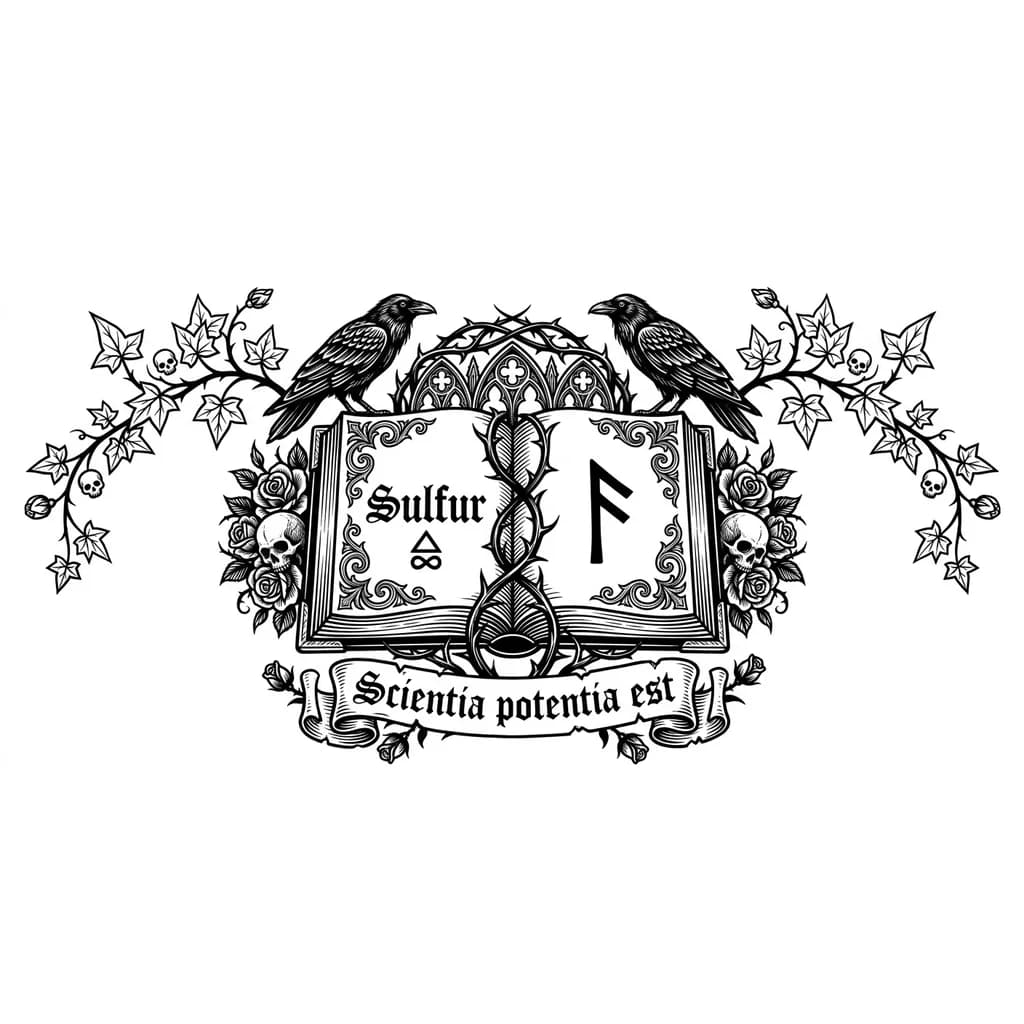 Тату эскиз: Изображение: раскрытая книга с готическим шрифтом на страницах.
Детали:
левая страница — алхимический символ серы (🜍, Sulfur), олицетворяющий дух и трансформацию;
правая страница — руна Ansuz (символ знания и откровения);
под книгой — свиток с латинской надписью Scientia potentia est («Знание — сила»).
Переход к рукам: от краёв книги прорастают две ветви плюща — левая уходит на левое предплечье, правая — на правое плечо. Ветви стилизованы под готические линии.
