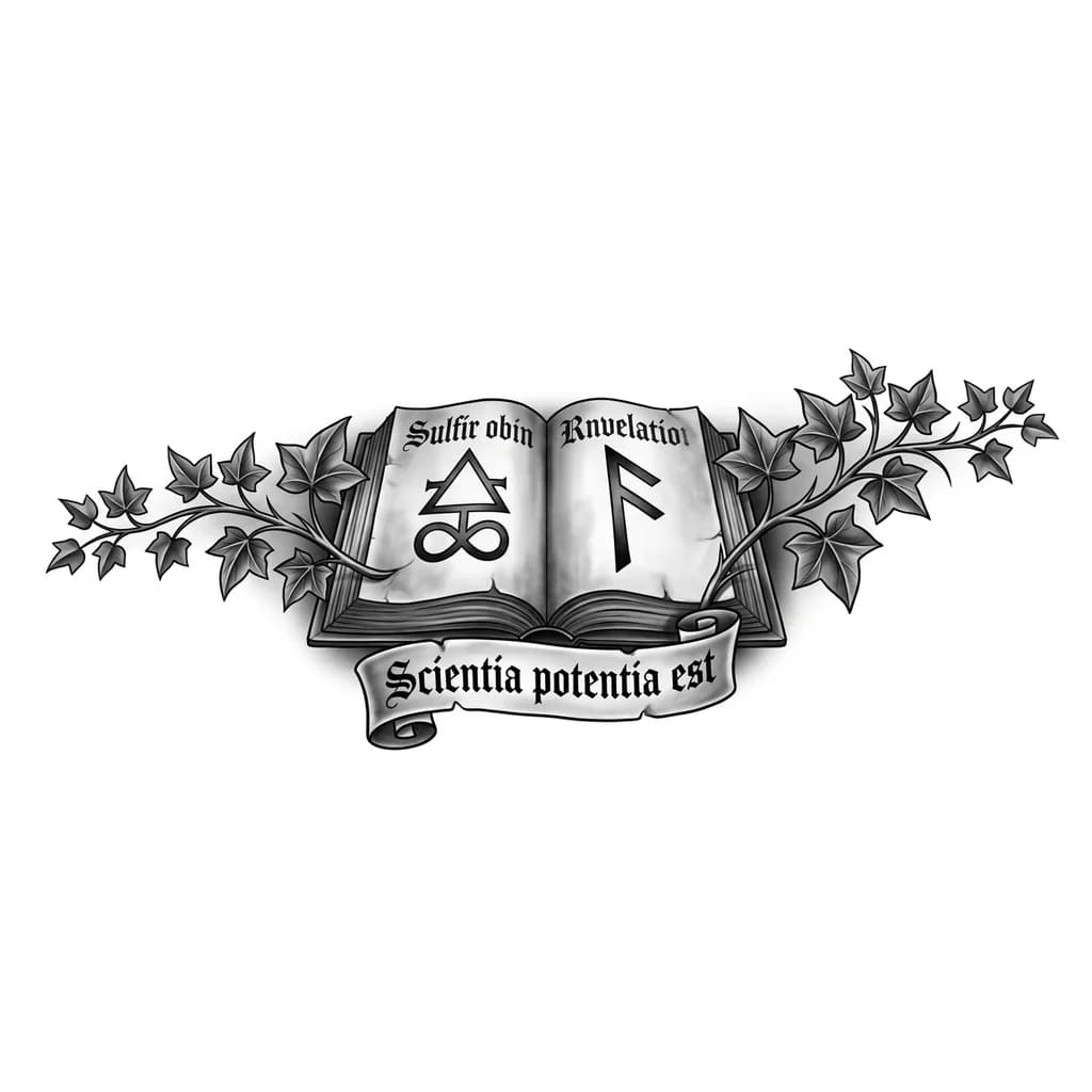 Тату эскиз: Изображение: раскрытая книга с готическим шрифтом на страницах.
Детали:
левая страница — алхимический символ серы (🜍, Sulfur), олицетворяющий дух и трансформацию;
правая страница — руна Ansuz (символ знания и откровения);
под книгой — свиток с латинской надписью Scientia potentia est («Знание — сила»).
Переход к рукам: от краёв книги прорастают две ветви плюща — левая уходит на левое предплечье, правая — на правое плечо. Ветви стилизованы под готические линии.
