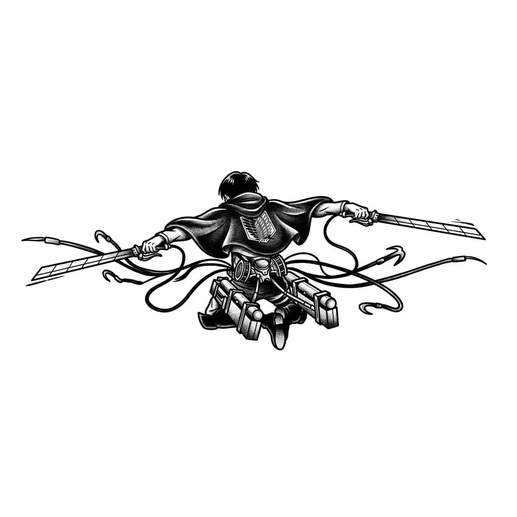 Тату эскиз: Черно-белый эскиз тату в стиле скетч/гравюра. Вид со спины. Солдат Разведкорпуса в развевающемся плаще с капюшоном (лица не видно) летит на УПМ. В руках два узких сегментированных меча (как лезвия бокс-каттера) Руки вытянуты вперёд для атаки. На верхней части спины — маленькая эмблема Разведкорпуса (Крылья-вилки). На поясе закреплено УПМ, из которого вылетают тросы с крюками. Динамичный полёт. Тонкие штрихи, белый фон, высокая контрастность, трафаретный стиль