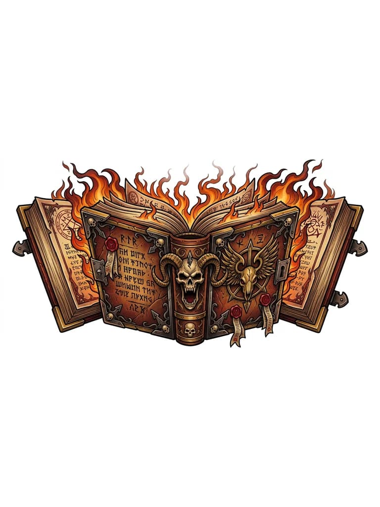 Тату эскиз: Раскрытая горящая книга в стиле Вархаммер
