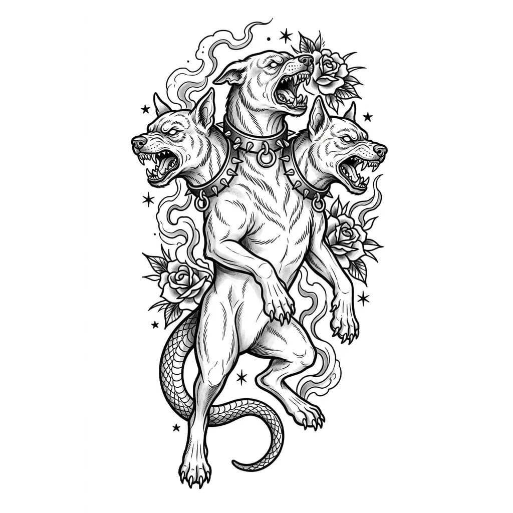 Тату эскиз: Эскиз для татуировки в стиле олд скул или традишинл, эскиз черно-белый. Цербер (трехголовый пес) с оскалом, в ошейнике.