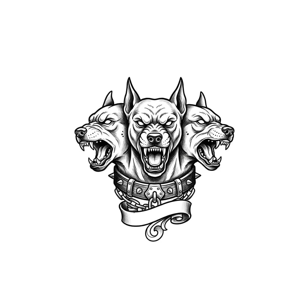 Тату эскиз: Эскиз для татуировки в стиле олд скул или традишинл, эскиз черно-белый. Цербер (трехголовый пес) с оскалом, в ошейнике. Видны только головы пса и ошейник, без туловища. На фоне нет ничего лишнего 