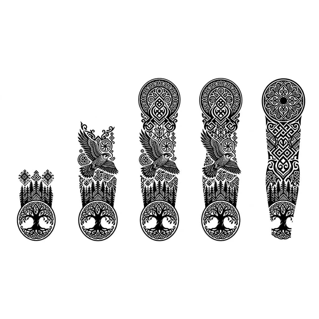 Тату эскиз: Тату рукав от плеча до кисти, славянский стиль, снизу деверево жизни в кругу с лесом в славянском стиле, над лесом сокол окружённый славянской символикой