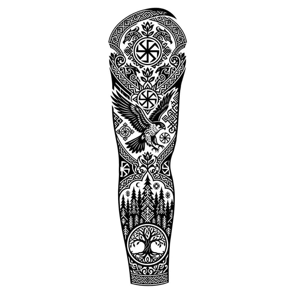 Тату эскиз: Тату, славянский стиль, снизу деверево жизни в кругу с лесом в славянском стиле, над лесом сокол окружённый славянской символикой и узорами