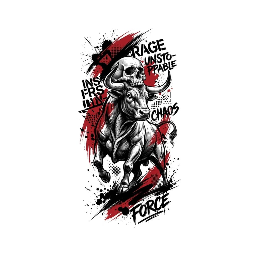 Тату эскиз: Мощный разъяренный бык с черепом человека на шее