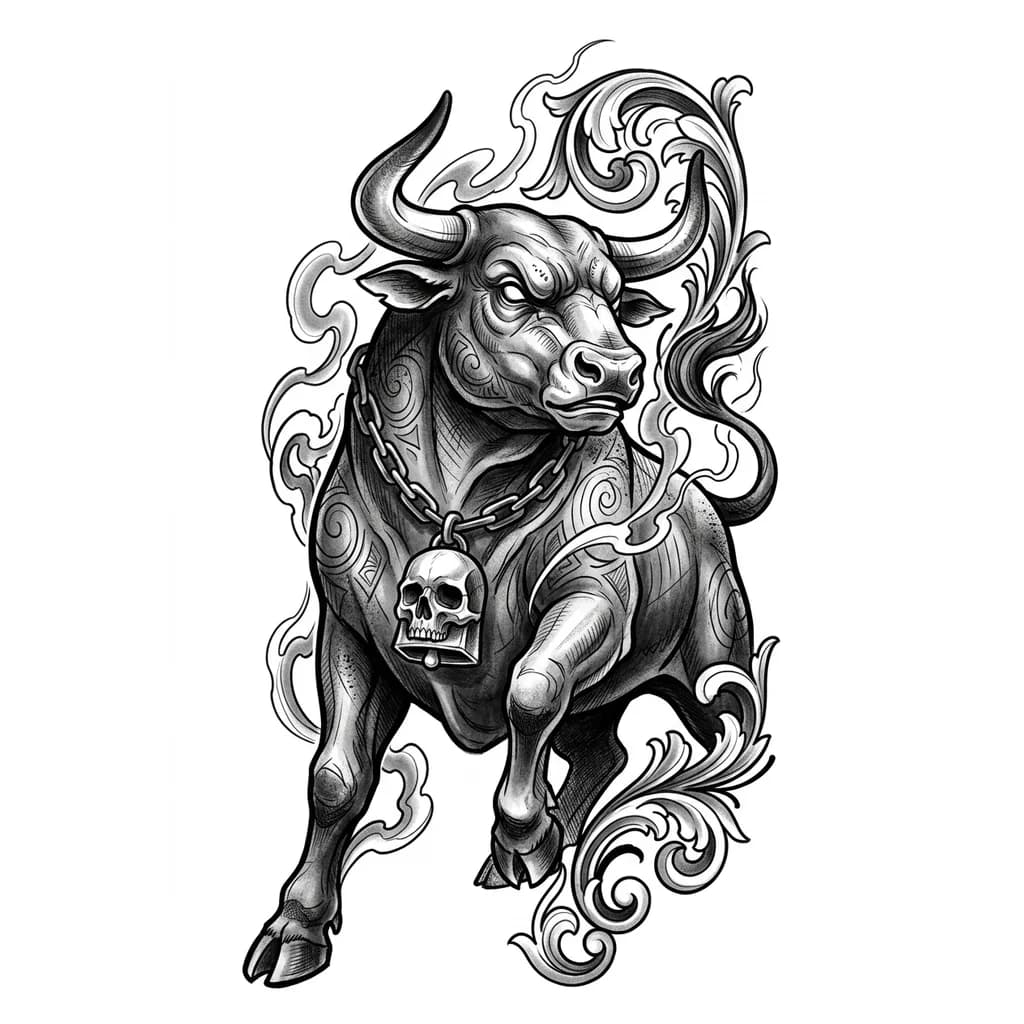 Тату эскиз: Мощный разъяренный бык с колоколом в виде человеческого черепа на шее