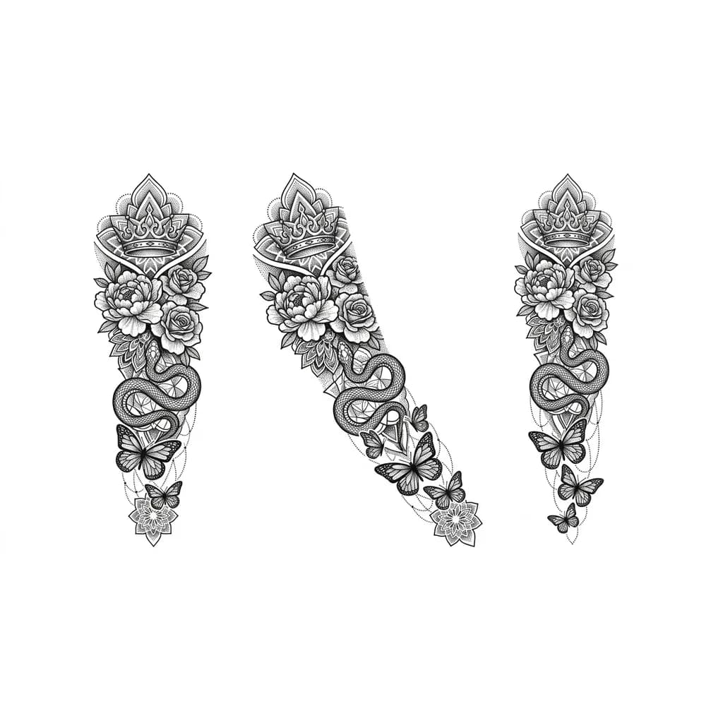 Тату эскиз: Цветы, корона, мотыльки, змея