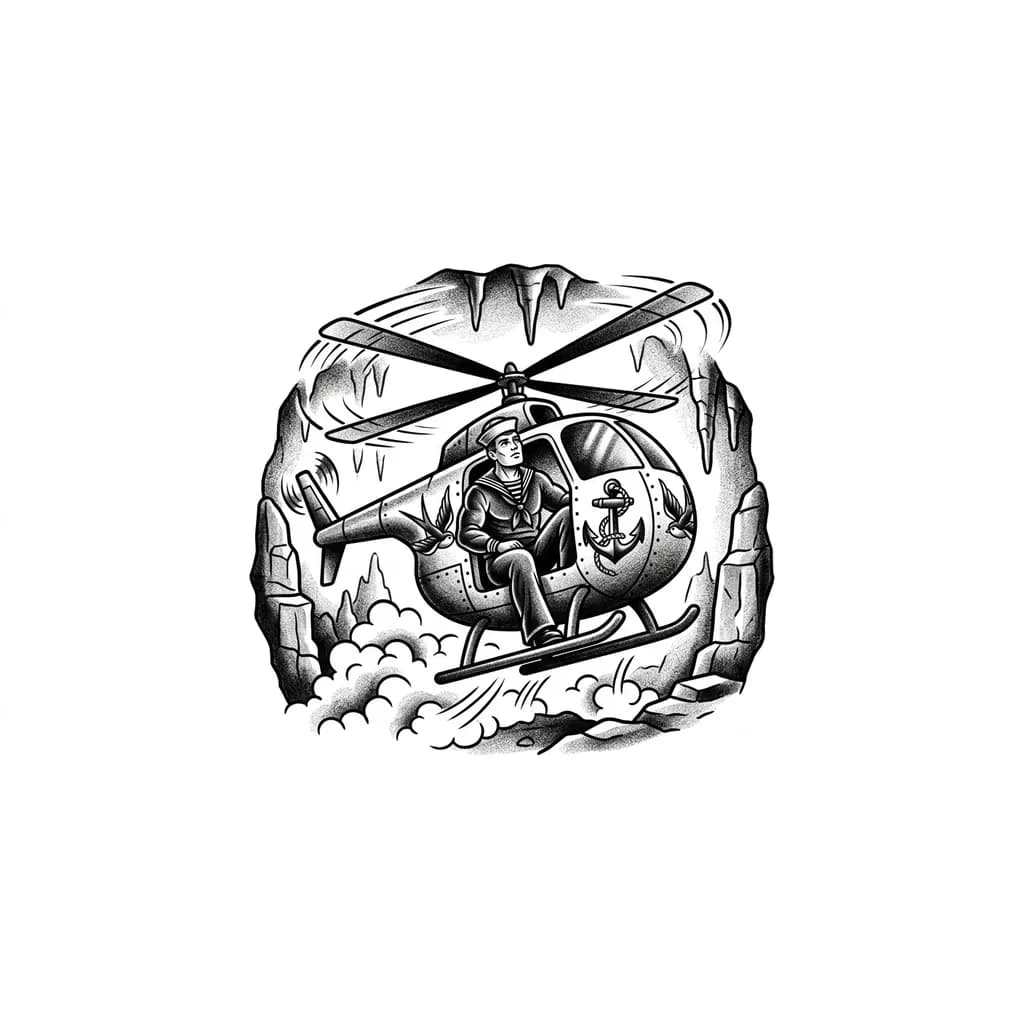 Тату эскиз: Член летит как вертолёт под землей на крыше двери пилота