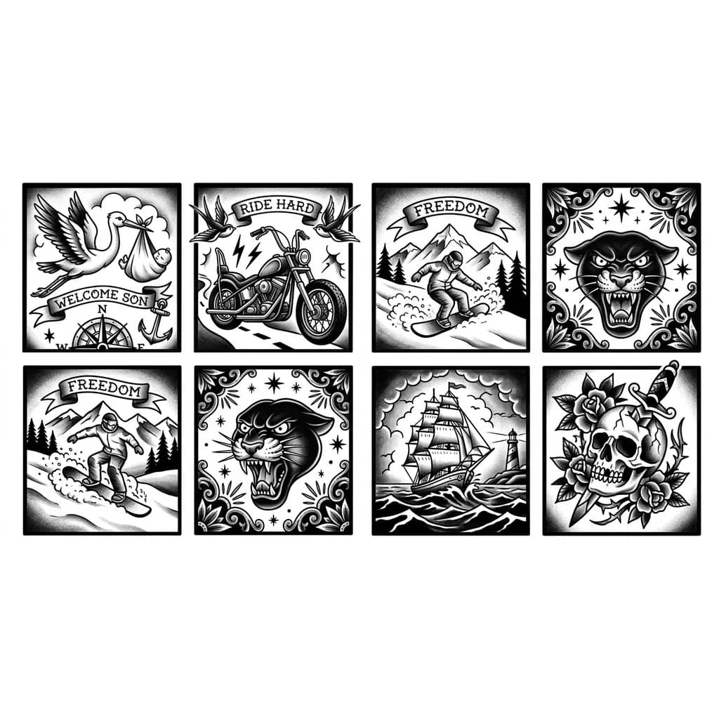 Тату эскиз: Сделать в виде комикса рукав на правую руку, где в разные квадратики будут заключены мои хобби и мои самые важные моменты: сноуборд, рождение сына, мотоцикл, 