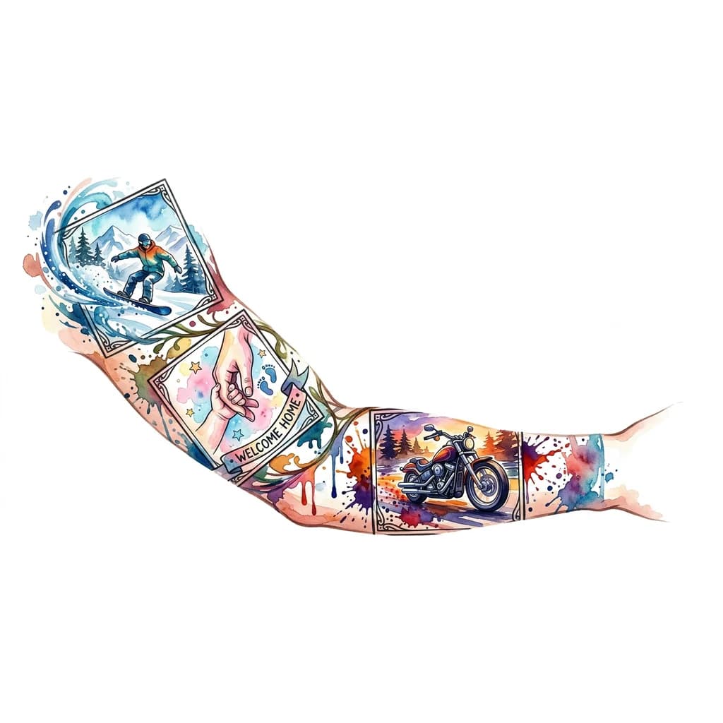 Тату эскиз: Сделать в виде комикса рукав на правую руку, где в разные квадратики будут заключены мои хобби и мои самые важные моменты: сноуборд, рождение сына, мотоцикл, 