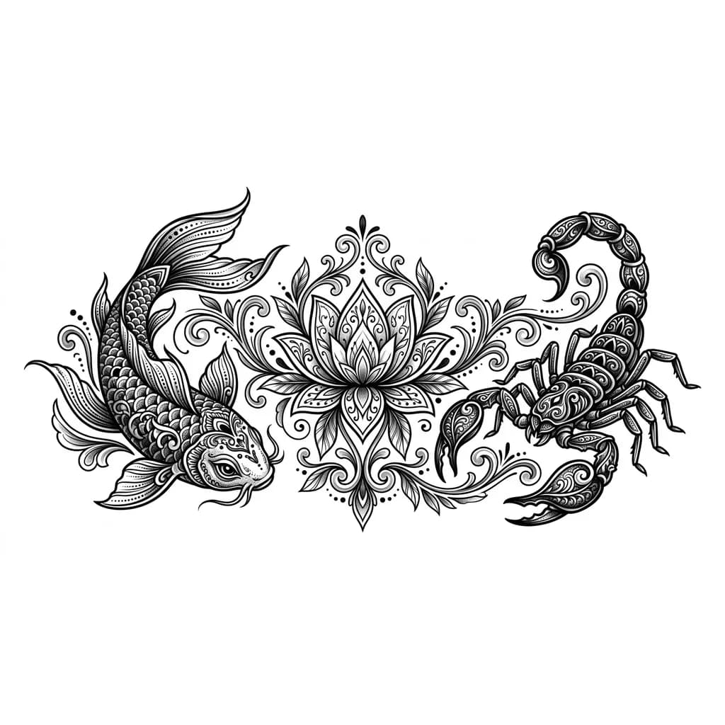 Тату эскиз: создай эскиз для татуировки где будут присутствовать графический рисунок рыбы и скорпиона. они находятся друг на против друга а между ними цветок